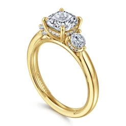 Discount Gabriel & Co. Abbi - 14K Yellow Gold Cushion Cut Three Stone Diamond Engagement Ring