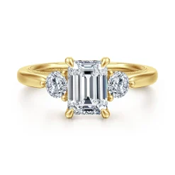 Clearance Gabriel & Co. Abbi - 14K Yellow Gold Emerald Cut Three Stone Diamond Engagement Ring