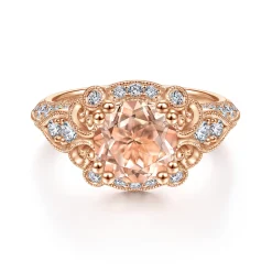 Best Gabriel & Co. Abel - Vintage Inspired 14K Rose Gold Round Halo Morganite and Diamond Engagement Ring