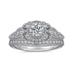 New Gabriel & Co. Abel - Vintage Inspired 14K White Gold Round Halo Complete Diamond Engagement Ring