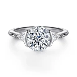 Discount Gabriel & Co. Alesandra - 14K White Gold Half Bezel Round Three Stone Diamond Engagement Ring