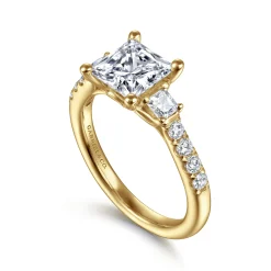 New Gabriel & Co. Alta - 14K Yellow Gold Princess Cut Three Stone Diamond Engagement Ring
