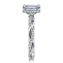 New Gabriel & Co. Ama - 14K White Gold Twisted Emerald Cut Halo Diamond Engagement Ring