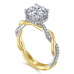 Clearance Gabriel & Co. Ama - 14K White-Yellow Gold Twisted Round Halo Diamond Engagement Ring