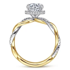 Clearance Gabriel & Co. Ama - 14K White-Yellow Gold Twisted Round Halo Diamond Engagement Ring