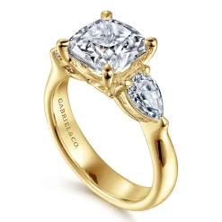 Discount Gabriel & Co. Anabelle - 14K Yellow Gold Cushion Cut Three Stone Diamond Engagement Ring