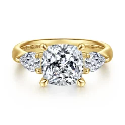 Discount Gabriel & Co. Anabelle - 14K Yellow Gold Cushion Cut Three Stone Diamond Engagement Ring