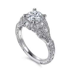 Clearance Gabriel & Co. Annadale - Unique 14K White Gold Vintage Inspired Diamond Halo Engagement Ring