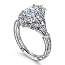 New Gabriel & Co. Annadale - Unique 14K White Gold Vintage Inspired Marquise Shape Diamond Halo Engagement Ring