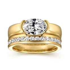 Clearance Gabriel & Co. Bara - 14K Yellow Gold East West Half Bezel Oval Diamond Engagement Ring