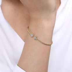 New Gabriel & Co. Beaded Open Bangle Bracelet 14K Yellow Gold Diamond 0.11ct Bujukan