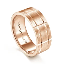 Clearance Gabriel & Co. Brian - 14K Rose Gold 8mm - Checkered Pattern Men's Wedding Band in Satin Finish