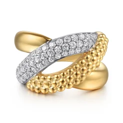 New Gabriel & Co. Bujukan Pave - 14K White Yellow Gold Bujukan and Diamond Criss Cross Ring