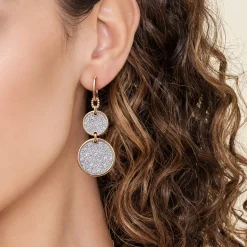 Sale Gabriel & Co. Bujukan Pave - 14K White Yellow Gold Bujukan and Diamond Huggie Drop Double Disk Earrings