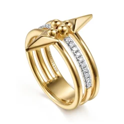 New Gabriel & Co. Bujukan Punk - 14K Yellow Gold Bujukan Clover and Triangle Pyramid Diamond Easy Stackable Ring