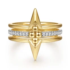 New Gabriel & Co. Bujukan Punk - 14K Yellow Gold Bujukan Clover and Triangle Pyramid Diamond Easy Stackable Ring