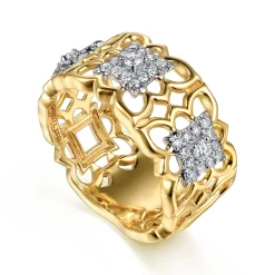 Sale Gabriel & Co. Byzantine Flower - 18K White Yellow Gold Diamond Floral Wide Band Ring