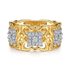 Sale Gabriel & Co. Byzantine Flower - 18K White Yellow Gold Diamond Floral Wide Band Ring