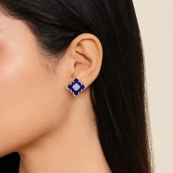 Sale Gabriel & Co. Byzantine Flower - 18K White Yellow Gold Diamond and Lapis Floral Stud Earrings