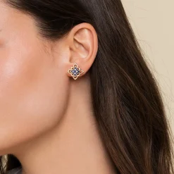 Hot Gabriel & Co. Byzantine Flower - 18K Yellow Gold Diamond and Blue Sapphire Floral Stud Earrings with Chrome Blue Enamel