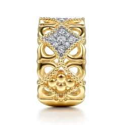 Clearance Gabriel & Co. Byzantine Flower - 18K Yellow Gold Bujukan and Diamond Floral Wide Band Ring