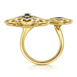 Clearance Gabriel & Co. Byzantine Flower - 18K Yellow Gold Diamond and Blue Sapphire Floral Open Ring with Chrome Blue Enamel