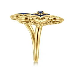 Clearance Gabriel & Co. Byzantine Flower - 18K Yellow Gold Diamond and Blue Sapphire Floral Open Ring with Chrome Blue Enamel