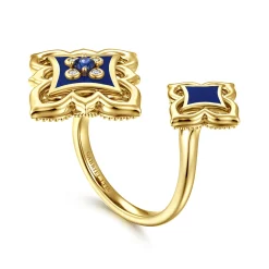 Clearance Gabriel & Co. Byzantine Flower - 18K Yellow Gold Diamond and Blue Sapphire Floral Open Ring with Chrome Blue Enamel