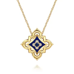 Gabriel & Co. Byzantine Flower - 18K Yellow Gold Diamond and Blue Sapphire Floral Pendant Necklace with Chrome Blue Enamel