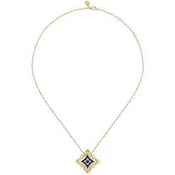 Gabriel & Co. Byzantine Flower - 18K Yellow Gold Diamond and Blue Sapphire Floral Pendant Necklace with Chrome Blue Enamel