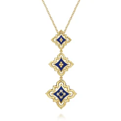 Outlet Gabriel & Co. Byzantine Flower - 18K Yellow Gold Diamond and Blue Sapphire Beaded Floral Drop Necklace with Chrome Blue Enamel