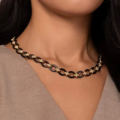Clearance Gabriel & Co. Ceramic - 14K Yellow Gold Black Ceramic Oval Link Chain Necklace with Bujukan Connectors