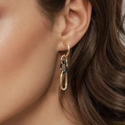New Gabriel & Co. Ceramic - 14K Yellow Gold Hollow Tube and Black Oval Ceramic Link Huggie Drop Earrings