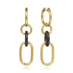 New Gabriel & Co. Ceramic - 14K Yellow Gold Hollow Tube and Black Oval Ceramic Link Huggie Drop Earrings