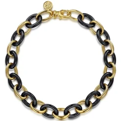 Hot Gabriel & Co. Ceramic - 14K Yellow Gold Oval Shape Hollow Tube and Black Ceramic Tennis Bracelet