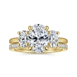 Discount Gabriel & Co. Charisa - 14K Yellow Gold Three Stone Oval Diamond Engagement Ring