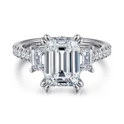 New Gabriel & Co. Charlene - 14K White Gold Emerald Cut Three Stone Diamond Engagement Ring