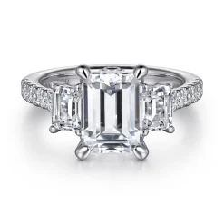 New Gabriel & Co. Charlene - 14K White Gold Emerald Cut Three Stone Diamond Engagement Ring