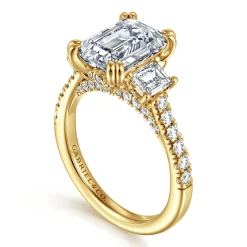 Clearance Gabriel & Co. Charlene - 14K Yellow Gold Emerald Cut Three Stone Diamond Engagement Ring