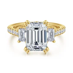 Clearance Gabriel & Co. Charlene - 14K Yellow Gold Emerald Cut Three Stone Diamond Engagement Ring