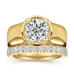 New Gabriel & Co. Connor - 14K Yellow Gold Bezel Prong Round Wide Band Diamond Engagement Ring