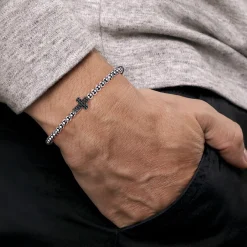 Hot Gabriel & Co. Cross Beaded Bracelet 925 Sterling Silver Black Spinel 4mm