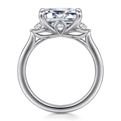 Sale Gabriel & Co. Darline - 14K White Gold Emerald Cut Three Stone Lotus Diamond Engagement Ring