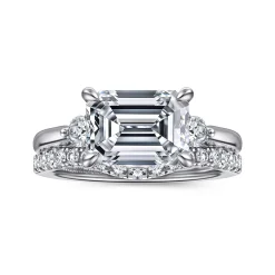 Sale Gabriel & Co. Darline - 14K White Gold Emerald Cut Three Stone Lotus Diamond Engagement Ring