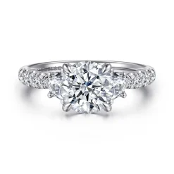Clearance Gabriel & Co. Dee - 14K White Gold Round Three Stone Lotus Diamond Engagement Ring