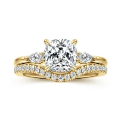 Sale Gabriel & Co. Dela - 14K Yellow Gold Cushion Cut Three Stone Diamond Engagement Ring