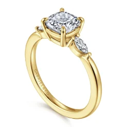 New Gabriel & Co. Dela - 14K Yellow Gold Cushion Cut Three Stone Diamond Engagement Ring