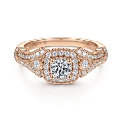 Best Gabriel & Co. Delilah - Vintage Inspired 14K Rose Gold Cushion Halo Round Complete Diamond Engagement Ring