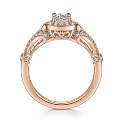 Best Gabriel & Co. Delilah - Vintage Inspired 14K Rose Gold Cushion Halo Round Complete Diamond Engagement Ring