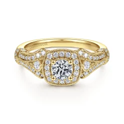 Online Gabriel & Co. Delilah - Vintage Inspired 14K Yellow Gold Cushion Halo Round Complete Diamond Engagement Ring